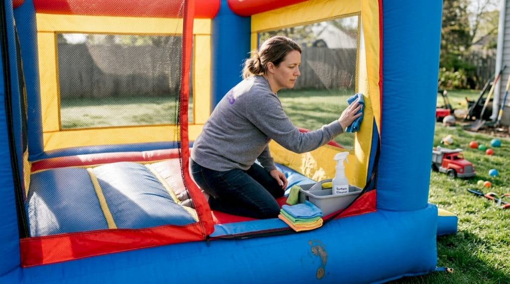 Parent cleaning inside backyard bounce house
